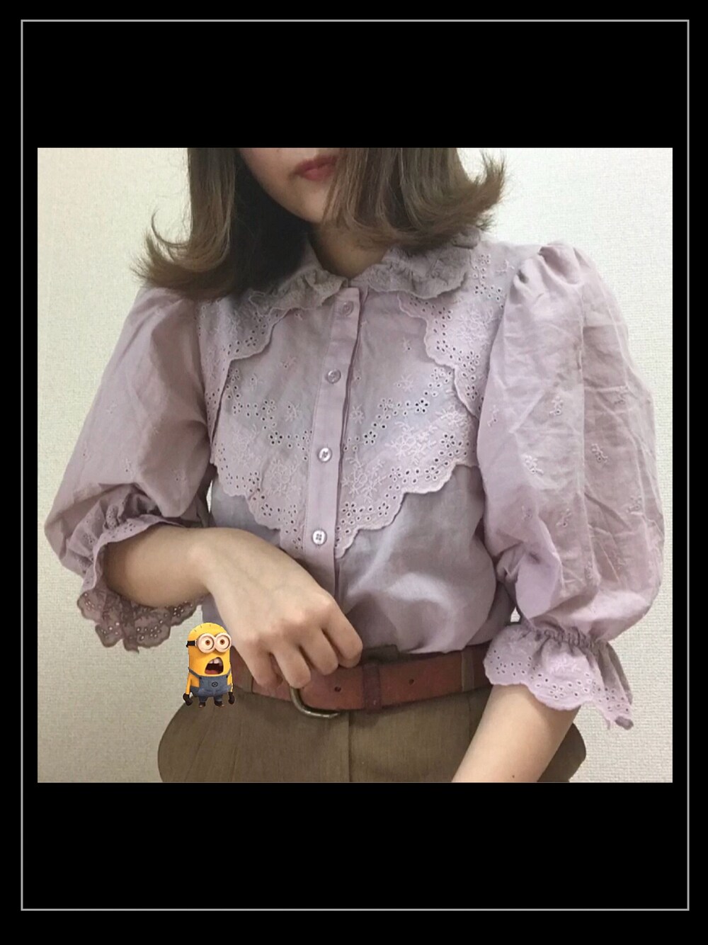 「大人ガーリー、ブラウス、merry jenny、古着、used mix、古着MIX、タックイン、くすみピンク、フリルブラウス、ボブ」｜「merry jennyのコットンレースブラウス（シャツ/ブラウス、ピンク系）」を使った、あらかわみか（みかんぬ）さん（レディース・158cm）の夏コーディネートの1枚目の写真