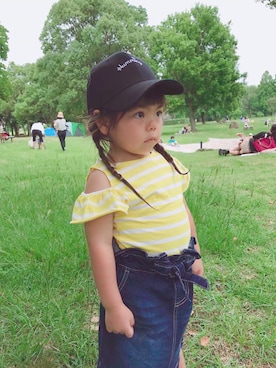 「CIAOPANIC TYPY（チャオパニックティピー）のシルケットボーダーオープンショルダーTee（Tシャツ/カットソー、イエロー系）」を使った、✩しーちゃろ✩さん（キッズ・100cm）の夏コーディネート