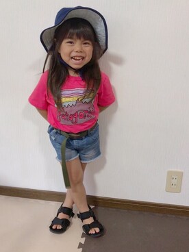 「こども ビームス（コドモビームス）のpatagonia / ベビー フィッツロイ スカイズ オーガニック Tシャツ 18 (ユニセックス 1～5才)（Tシャツ/カットソー、レッド系）」を使った、✩しーちゃろ✩さん（キッズ・100cm）の夏コーディネート