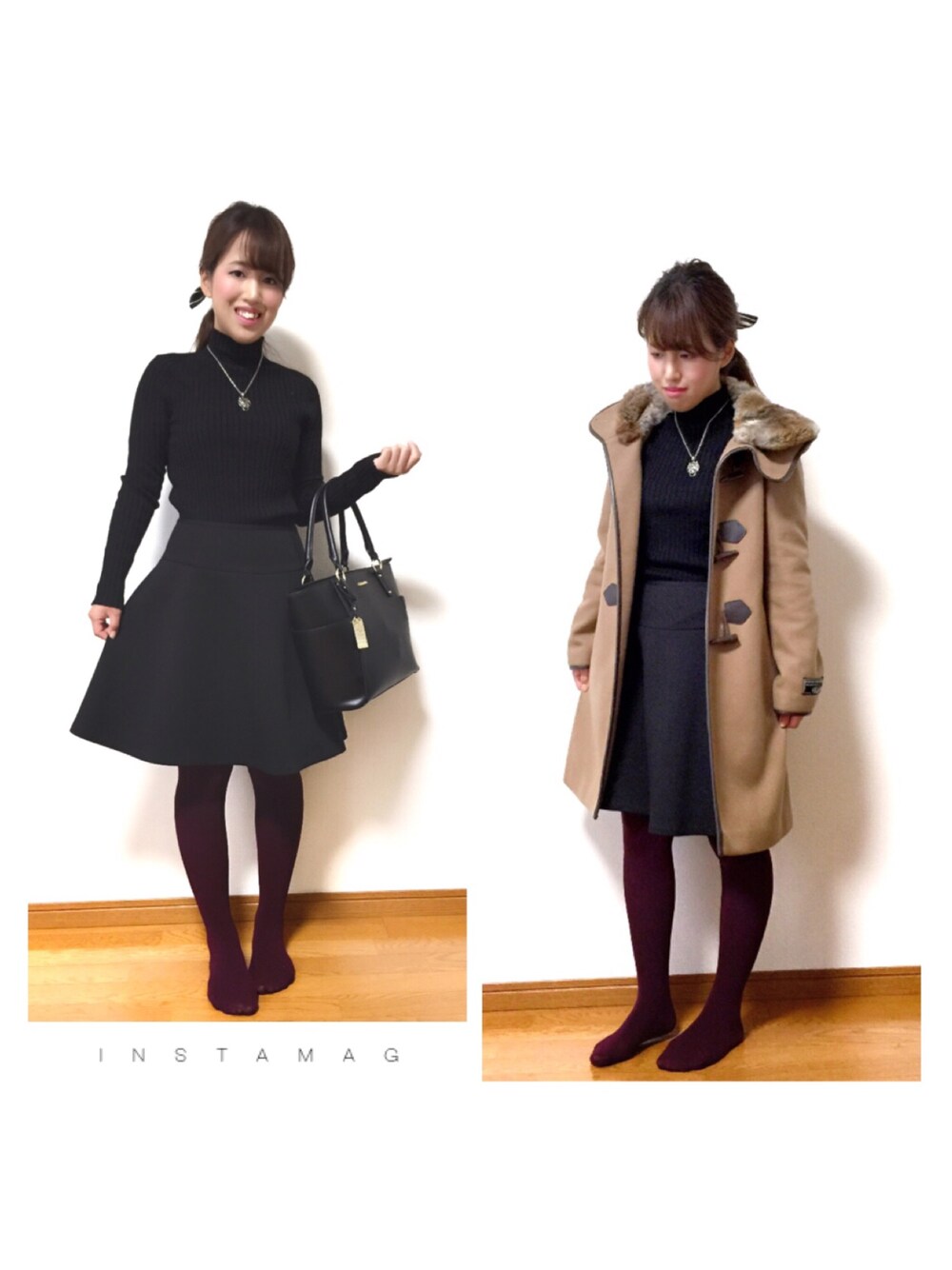 ブラック系のニット/セーター、ベージュ系のダッフルコート、ブラック系のスカートを着用したレディースの秋コーディネートの1枚目の写真