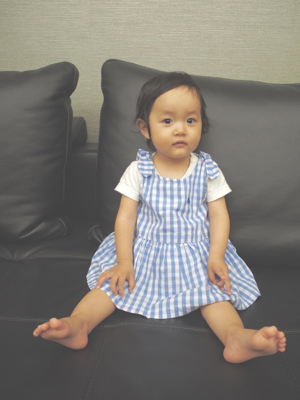 「kids、ベビーコーデ、おんなのこ、80cm、プチプラ、ロンパース、チェック、ラルフローレン」｜「Birthdayのアイテム（ロンパース、ブルー系）」を使った、SEI-KOTOさん（キッズ・74cm）の夏コーディネートの1枚目の写真