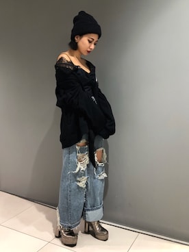 「ADDICT NOIR（アディクトノアー）のアイテム（ブルゾン）」を使った、yurina katsuraさん（レディース・165cm）の冬コーディネート