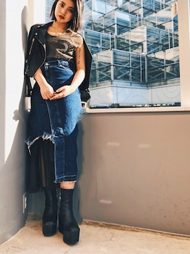 「AULA」｜「アイテム（ライダースジャケット）」を使った、yurina katsuraさん（レディース・165cm）の冬コーディネート