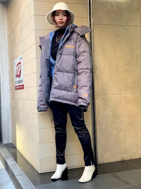 「ハットコーデ」｜「アイテム（ダウンジャケット/コート）」を使った、yurina katsuraさん（レディース・165cm）の冬コーディネート