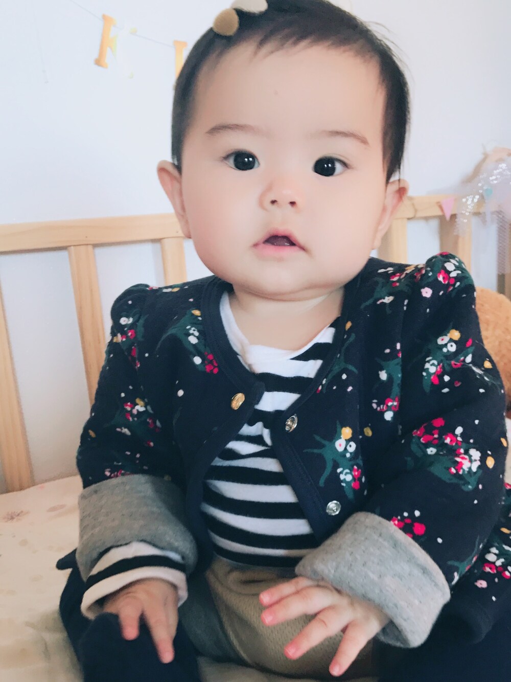 「キッズファッション、おんなのこ、冬コーデ、ボーダー、ベビーコーデ、赤ちゃん」｜「PETIT BATEAUのアイテム（ジャケット/アウター、ブルー系）」を使った、Yooo☆kiiicさん（キッズ・60cm）の冬コーディネートの1枚目の写真