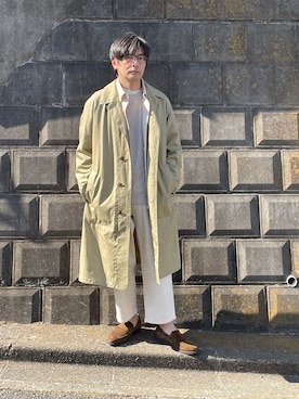 「スエードシューズ」｜「アイテム（ステンカラーコート）」を使った、leftbankさん（メンズ・176cm）の冬コーディネート