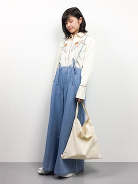 「刺繍シャツ」｜「アイテム（オールインワン・サロペット）」を使った、ヤギさん（レディース・159cm）の夏コーディネート
