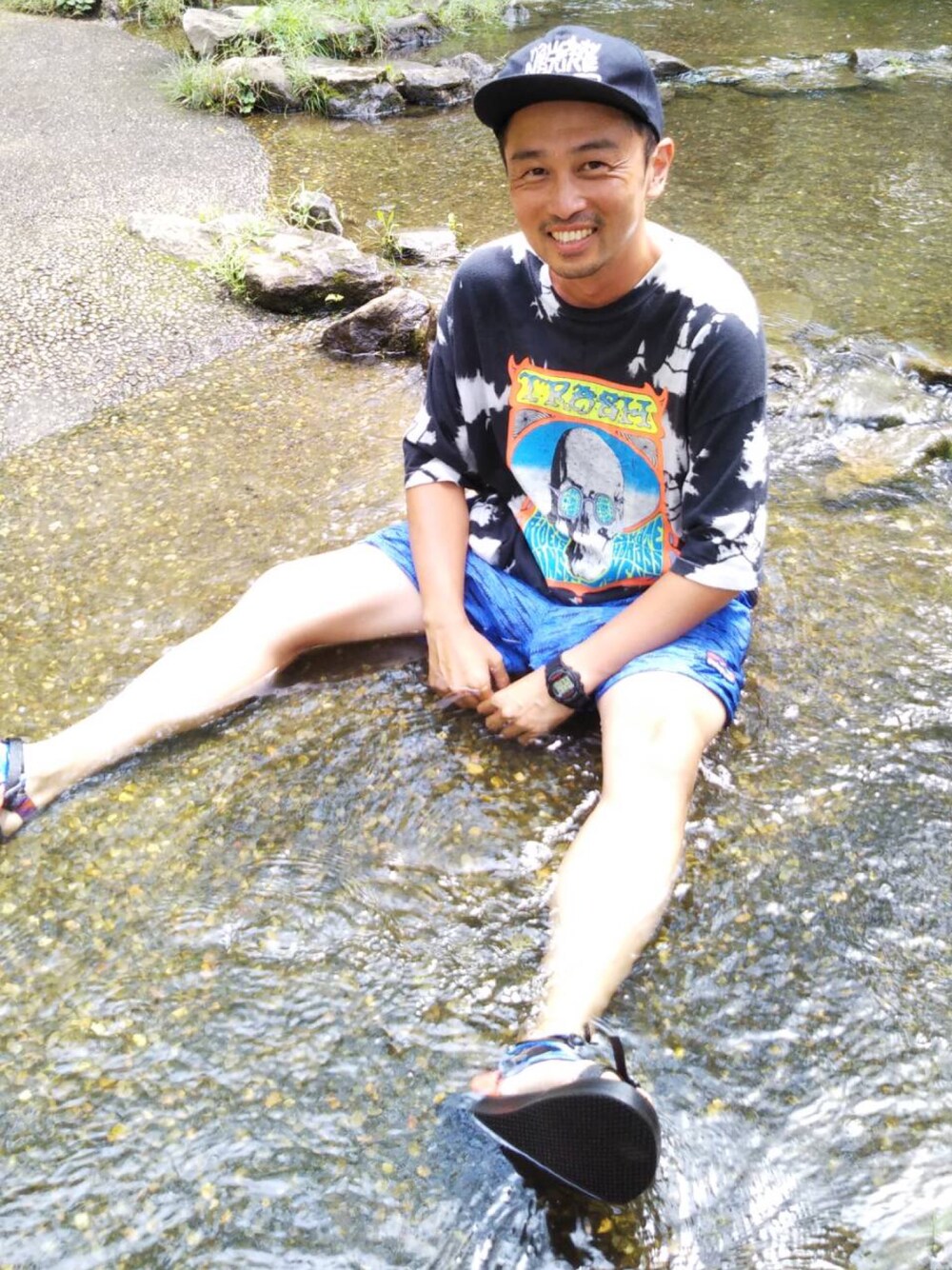 「oldskate、jimmy'z、波タグ、納涼、patagonia、vintagepatagonia」｜「patagoniaのアイテム（その他パンツ、ブルー系）」を使った、SoCalさん（メンズ・167cm）の夏コーディネートの1枚目の写真