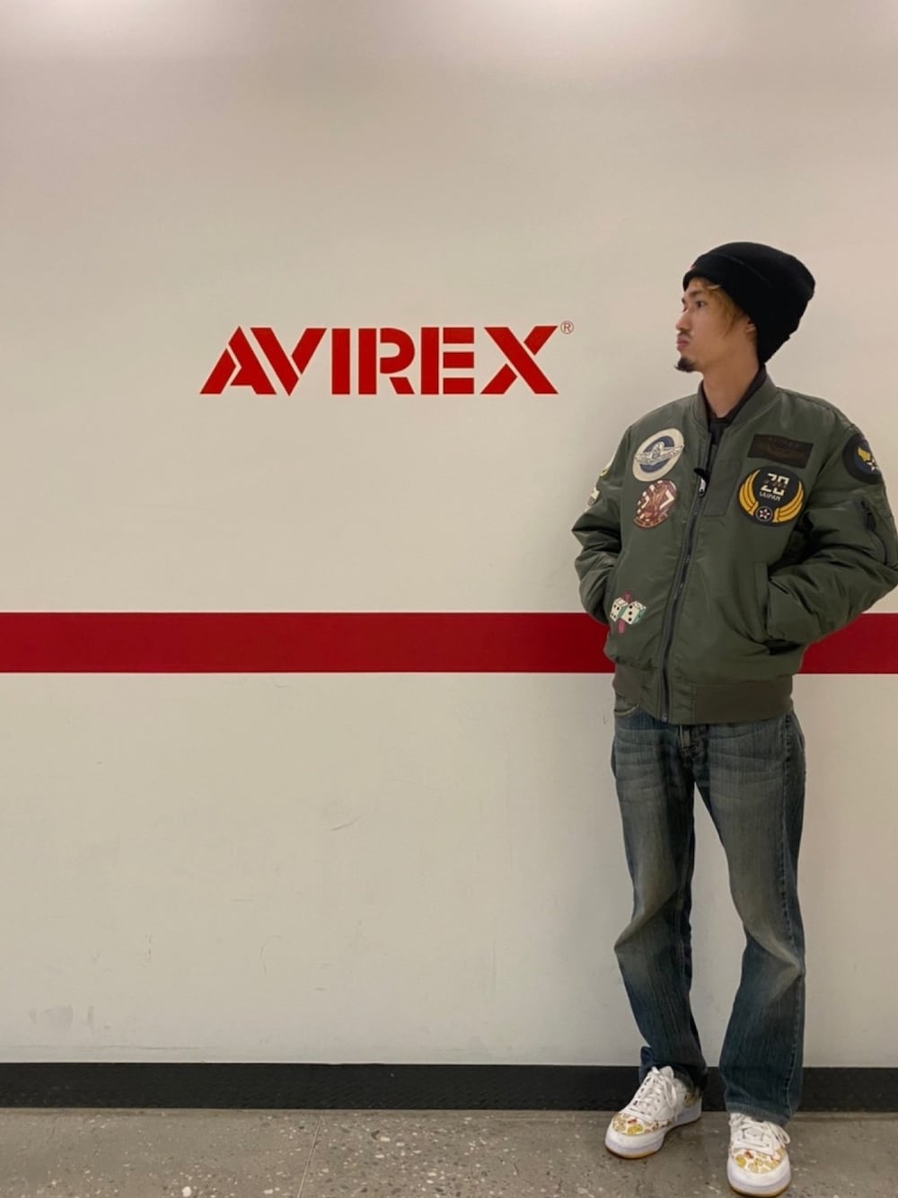 「ミリタリー、TOPGUN、MA-1、AVIREX、AVIREX梅田店、いいね、save、フォローお願いします🤑、フォローミー、おしゃれさんと繋がりたい、ワッペン、ファッションの力を信じよう」｜「AVIREXのavirex/アヴィレックス/ MA-1 TOP GUN/ MA-1 トップガン/ Belle（MA-1、グリーン系）」を使った、アオさん（メンズ・176cm）の冬コーディネートの1枚目の写真