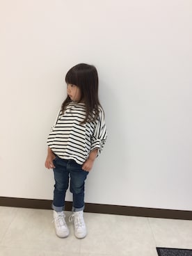 「green label relaxing（グリーンレーベルリラクシング）のGLR ヘンケイボーダープルオーバー ショートスリーブ（Tシャツ/カットソー、ホワイト系）」を使った、cocoさん（キッズ・130cm）の夏コーディネート