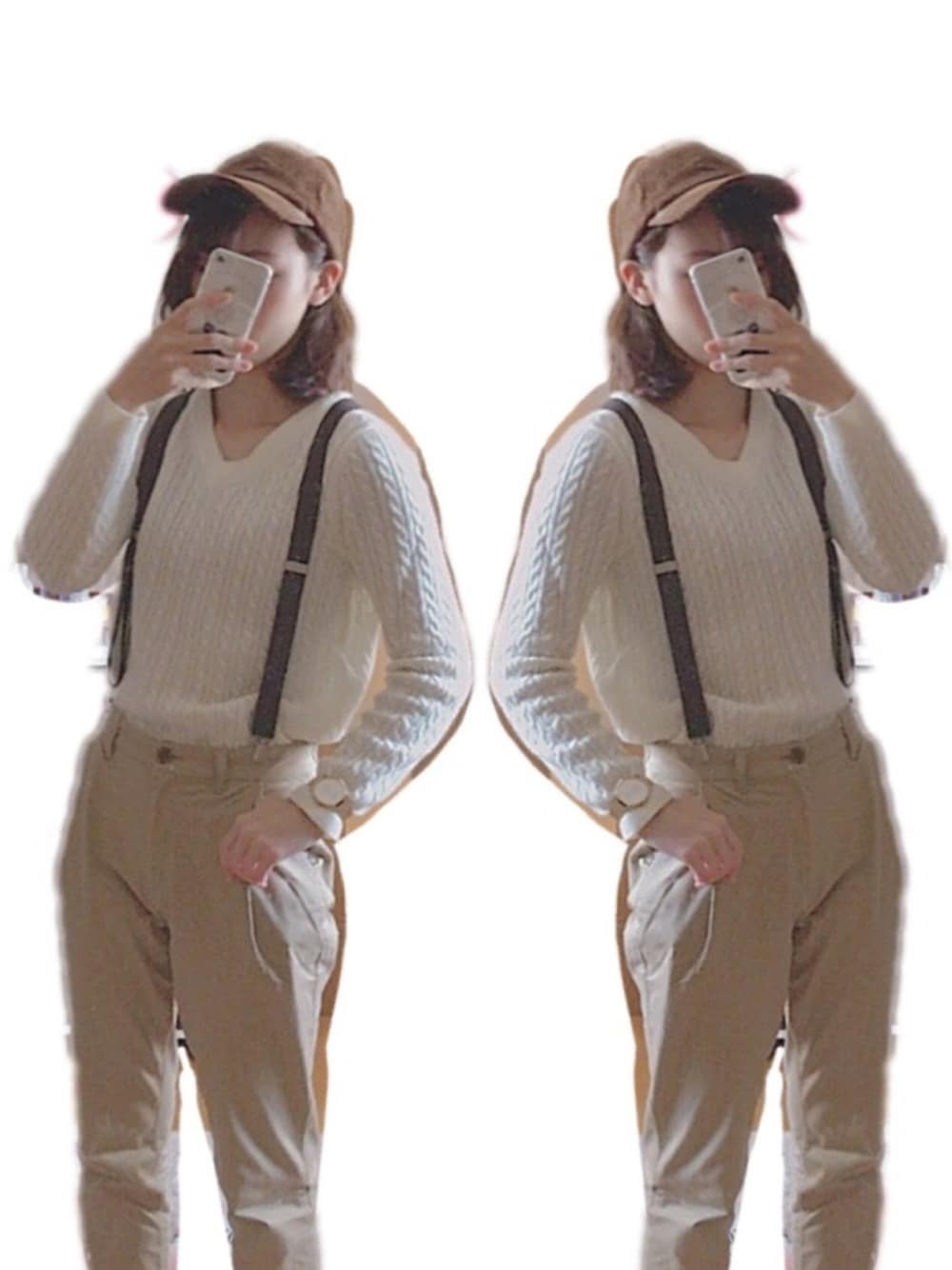 ブラウン系のキャップ、ゴールド系のアナログ腕時計を着用したレディースの秋コーディネートの1枚目の写真