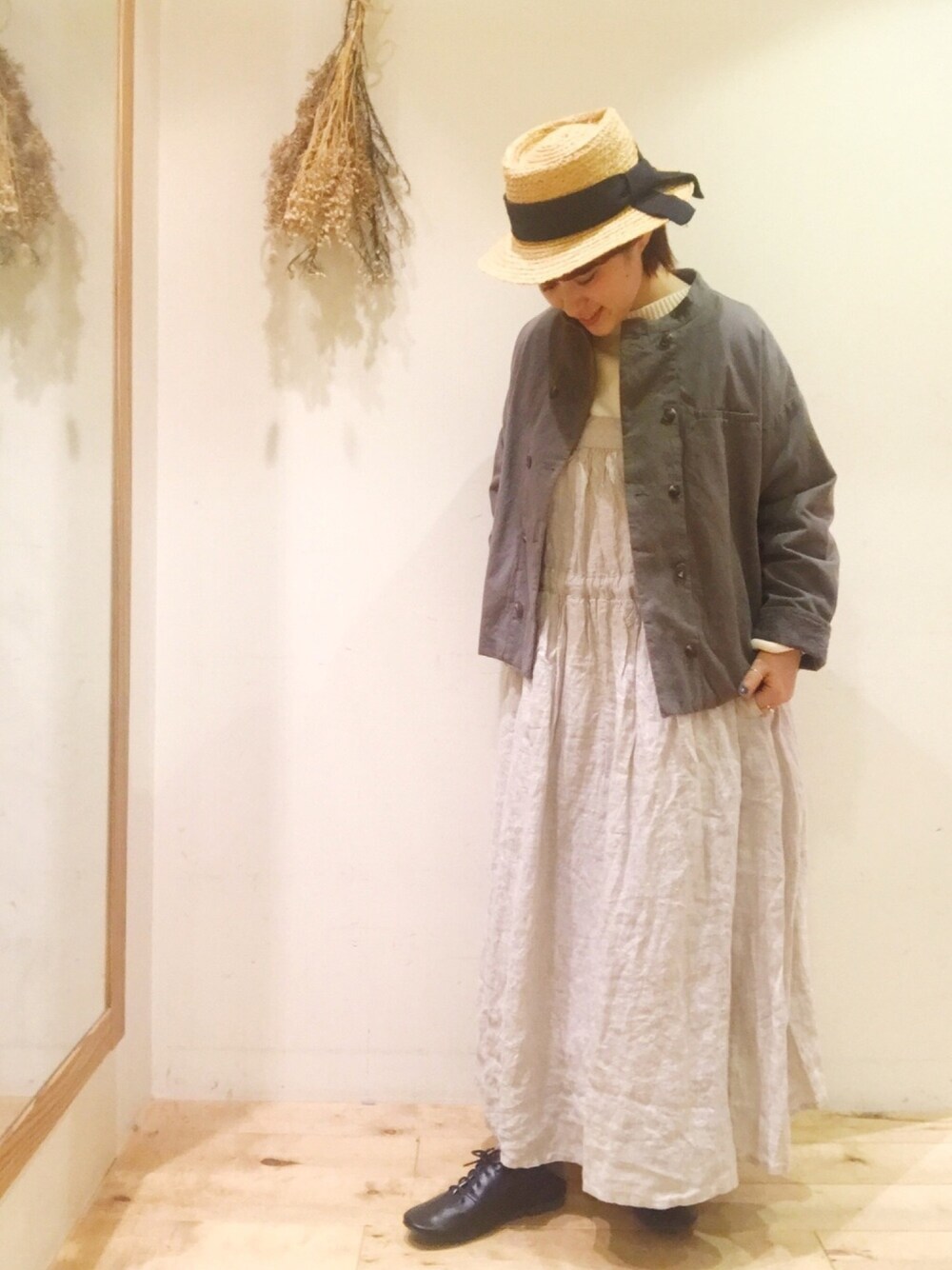 「サマンサ モスモス(Samansa Mos2)、Samansa Mos2、春アウター、ワンピース、ナチュラル、リンネル、ベージュ」｜「TSUHARU by Samansa Mos2のアイテム（ジャケット/アウター、ブラウン系）」を使った、たわしさん（レディース・151cm）の冬コーディネートの1枚目の写真