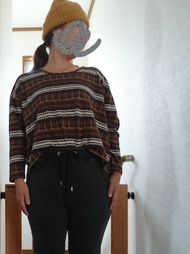 「柄物」｜「アイテム（帽子）」を使った、モコモコさん（レディース・160cm）の秋コーディネート