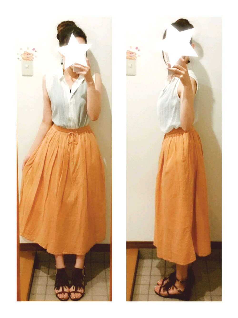 「夏、大人カジュアル、ノースリーブ、ブラウス、ロングスカート、ピアス、フリンジサンダル、プチプラ」｜「Te chichiのフリンジ付きストラップサンダル（サンダル、ブラウン系）」を使った、ゆにさん（レディース・162cm）の夏コーディネートの1枚目の写真