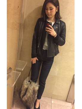 「ROSE BUD（ローズバッド）のレザーライダースジャケット（ライダースジャケット）」を使った、ayaさん（レディース・167cm）の冬コーディネート