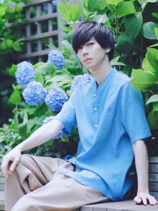 むさし君 is wearing MONO-MART "リネン×レーヨンブライトバンドカラーシャツ(1/2 sleeve)"