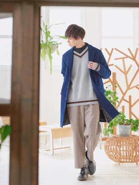 「メルトン」｜「アイテム（チェスターコート）」を使った、むさし君さん（メンズ・178cm）の秋コーディネート