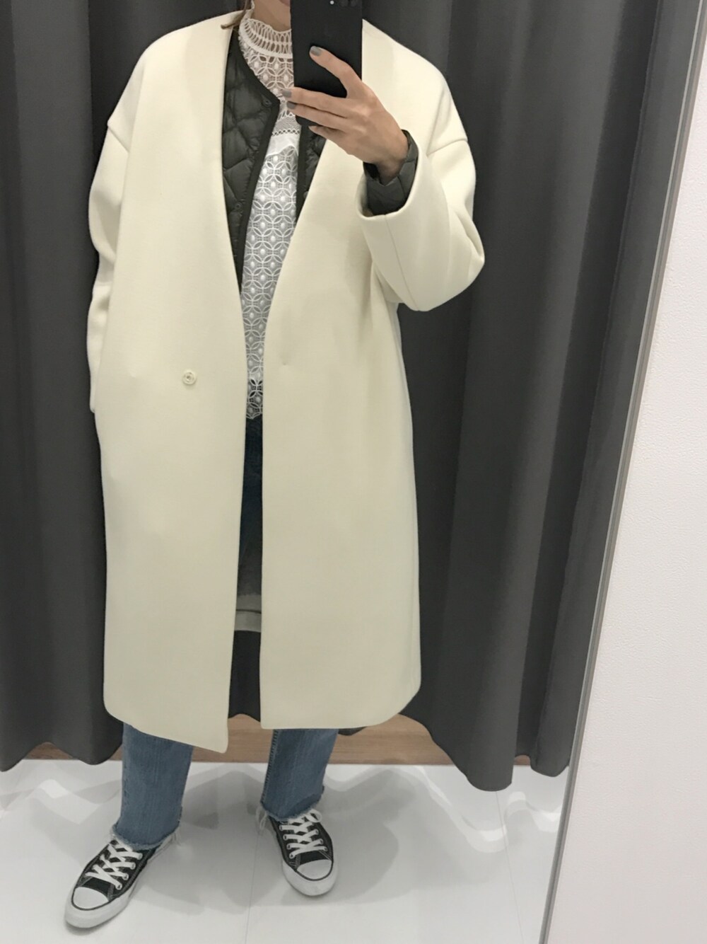「冬コーデ、インナーダウン、UNIQLO、スポンジリバーコート、大人コーデ、アウター」｜「plageの《追加予約》スポンジリバーコート◆（ジャケット/アウター、ホワイト系）」を使った、chieさん（レディース・163cm）の冬コーディネートの1枚目の写真