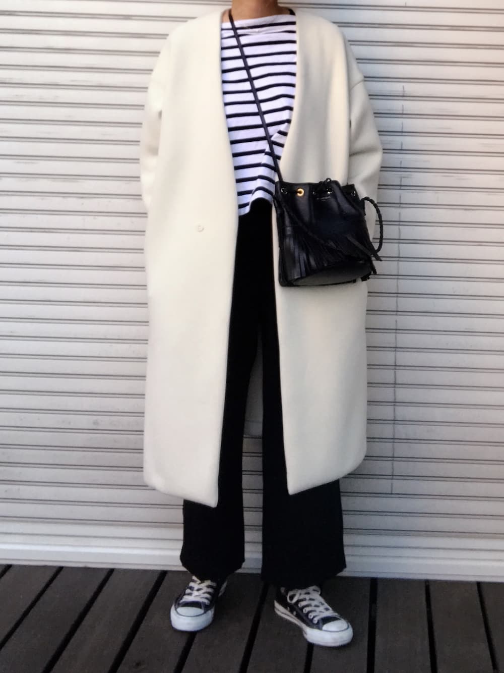 「ボーダー、大人カジュアル、春コーデ、トラディショナルウェザーウエア」｜「Traditional WeatherwearのTWW ビッグマリンシャツプルオーバー◆（Tシャツ/カットソー、ホワイト系）」を使った、chieさん（レディース・163cm）の春コーディネートの1枚目の写真