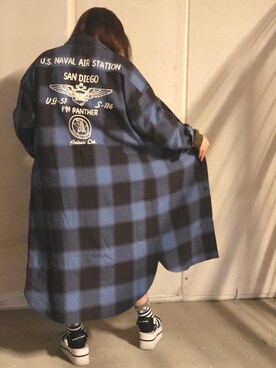 「サックスブルー」｜「アイテム（シャツワンピース）」を使った、髙田樹音さん（レディース・148cm）の夏コーディネート