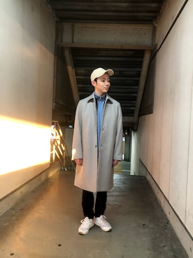 「チドリ柄」｜「アイテム（ステンカラーコート）」を使った、NOHARAさん（メンズ・169cm）の冬コーディネート