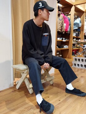 「AVIREX（アヴィレックス）のシャギーサーマル コンバットTシャツ/L/S SHAGGY THERMAL COMBAT T-SHIRT（Tシャツ/カットソー、ブラック系）」を使った、りる ぽんぷさん（メンズ・170cm）の冬コーディネート