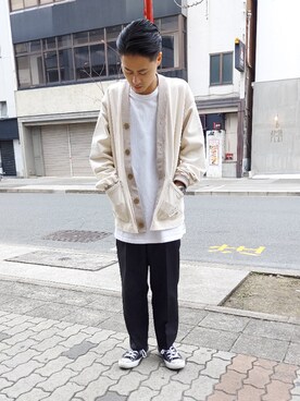 「AVIREX（アヴィレックス）のタイプブルー/デニムポケット スウェットカーディガン/DENIM POCKET SWEAT CARDIGAN（カーディガン/ボレロ、ベージュ系）」を使った、りる ぽんぷさん（メンズ・170cm）の冬コーディネート