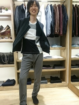 「異素材トップス」｜船橋ららぽーとHIDEAWAYSさん（メンズ・172cm）の春コーディネート