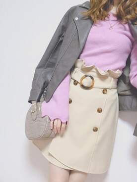 「トレンチスカート」｜「アイテム（ライダースジャケット）」を使った、yuumiさん（レディース・157cm）の春コーディネート