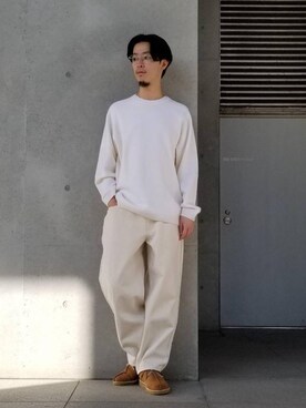 「BEAUTY&YOUTH UNITED ARROWS（ビューティーアンドユースユナイテッドアローズ）のBY バルーンシルエット 5P スラブ デニムパンツ（デニムパンツ、ホワイト系）」を使った、Narushima Yosukeさん（メンズ・172cm）の冬コーディネート