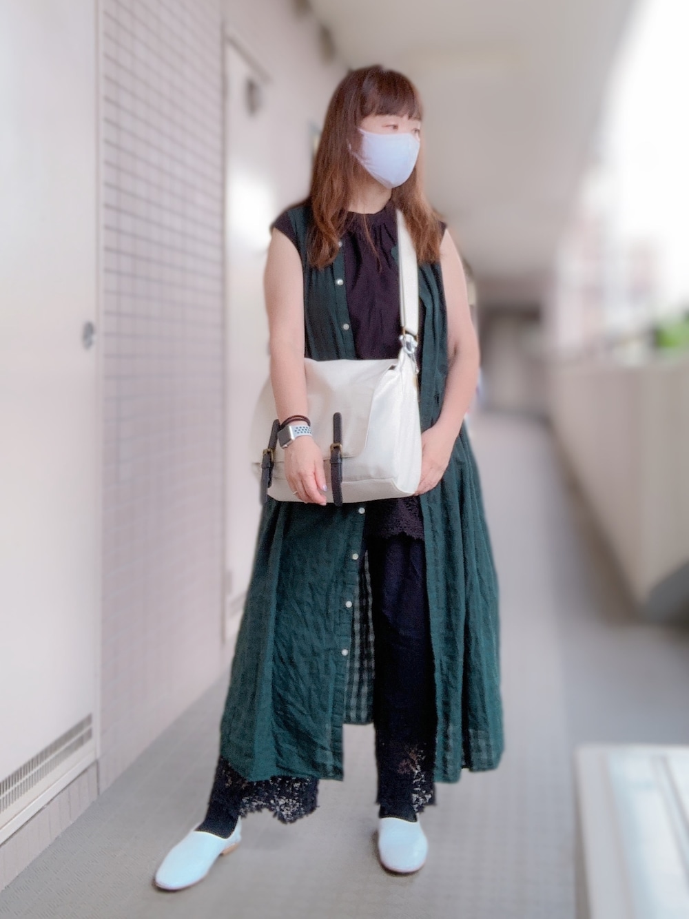 「カジュアル、夏コーデ、大人カジュアル、kazumi、kazumi respect、kazumiちゃん大好き、kazumiちゃんになりたい、kazumiコラボ、みどり、黒コーデ」｜「soulberryのアイテム（ワンピース、グリーン系）」を使った、miyuさん（レディース・158cm）の夏コーディネートの1枚目の写真