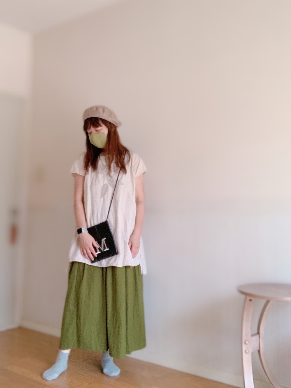 「お抹茶コーデ、kazumi、kazumi respect、kazumiちゃん大好き、kazumiちゃんになりたい、kazumiさん、50代カジュアル、50代コーデ、50代ファッション、シンプル」｜「Sunny cloudsのアイテム（ハンチング/ベレー帽、ベージュ系）」を使った、miyuさん（レディース・158cm）の夏コーディネートの1枚目の写真