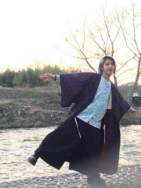 「柄シャツ」｜「アイテム（浴衣）」を使った、かんぱんさん（メンズ・169cm）の春コーディネート