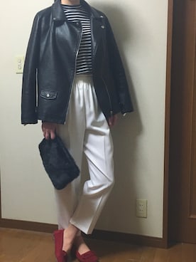 「ワンポイント」｜「アイテム（ライダースジャケット）」を使った、maaさん（レディース・175cm）の春コーディネート