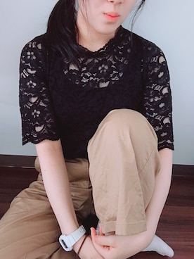 「LOWRYS FARM（ローリーズファーム）の★キャミソール付★レースハイネックプルオーバー　757677 （Tシャツ/カットソー、ブラック系）」を使った、Mon½さん（レディース・162cm）の夏コーディネート