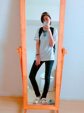 「Champion（チャンピオン）の【Champion】USAコットン ポケット付きクルーネックTシャツ（Tシャツ/カットソー、ホワイト系）」を使った、teshiさん（レディース・168cm）の夏コーディネート