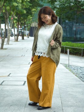 「アイテム（カーゴパンツ、イエロー系）」を使った、Kazuminさん（レディース・161cm）の秋コーディネート