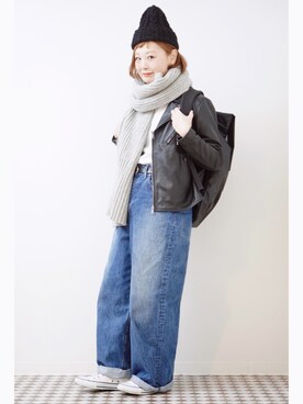 「ブリーチデニム」｜「アイテム（ライダースジャケット）」を使った、よちさん（レディース・157cm）の冬コーディネート