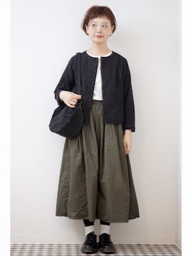 「シロップ．（シロップ．）のアイテム（ノーカラージャケット）」を使った、よちさん（レディース・157cm）の秋コーディネート