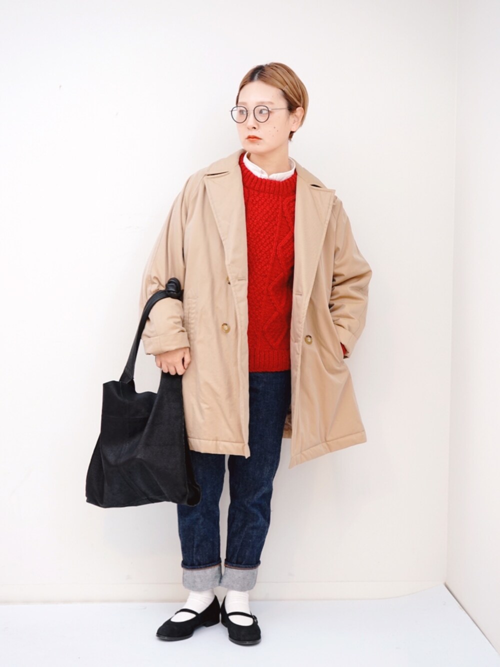 「プレッピー、アランニット、赤いニット」｜「I am I in fact...のNEPAL HAND KNIT アランPO（ニット/セーター、レッド系）」を使った、よちさん（レディース・157cm）の冬コーディネートの1枚目の写真