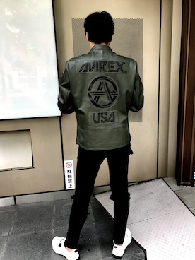 「アイテム（ライダースジャケット、グリーン系）」を使った、しんちゃんさん（メンズ・181cm）の夏コーディネート
