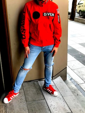 「アイテム（ミリタリージャケット、オレンジ系）」を使った、しんちゃんさん（メンズ・181cm）の冬コーディネート