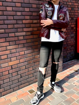 「アイテム（ライダースジャケット、レッド系）」を使った、しんちゃんさん（メンズ・181cm）の夏コーディネート