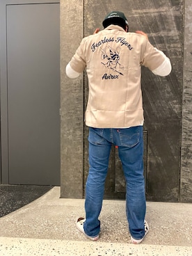 「AVIREX（アヴィレックス）の【直営店限定】エアフォース ベースキャップ/AIR FORCE BACES CAP（キャップ）」を使った、しんちゃんさん（メンズ・181cm）の春コーディネート