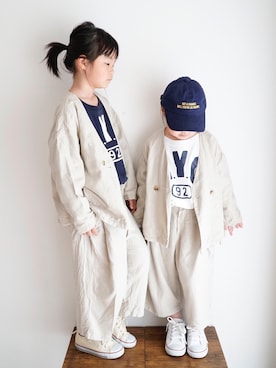 「LOWRYS FARM（ローリーズファーム）のアイテム（ノーカラージャケット）」を使った、haa__fuuさん（キッズ・120cm）の冬コーディネート