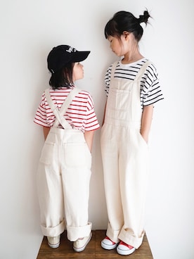 「ローリーズファーム(LOWRYS FARM)」｜「アイテム（サロペット/オーバーオール）」を使った、haa__fuuさん（キッズ・120cm）の夏コーディネート