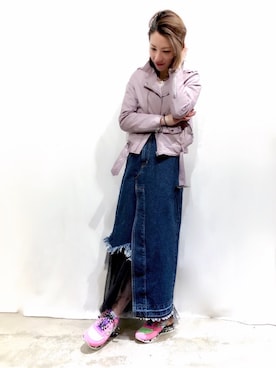 「AULA」｜「アイテム（ライダースジャケット）」を使った、Shih-huiさん（レディース・158cm）の冬コーディネート