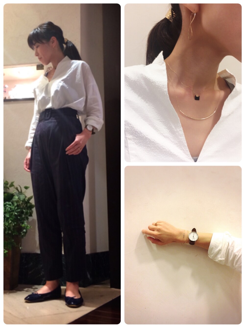 「シンプルコーデ、black、パンツスタイル、モノトーンコーデ、大人コーデ、anq.、クークロワッサン、ネックレス、ブレスレット、バングル」｜「anq.のアイテム（ピアス（両耳用）、ゴールド系）」を使った、ブランティムールさん（レディース・160cm）の夏コーディネートの1枚目の写真