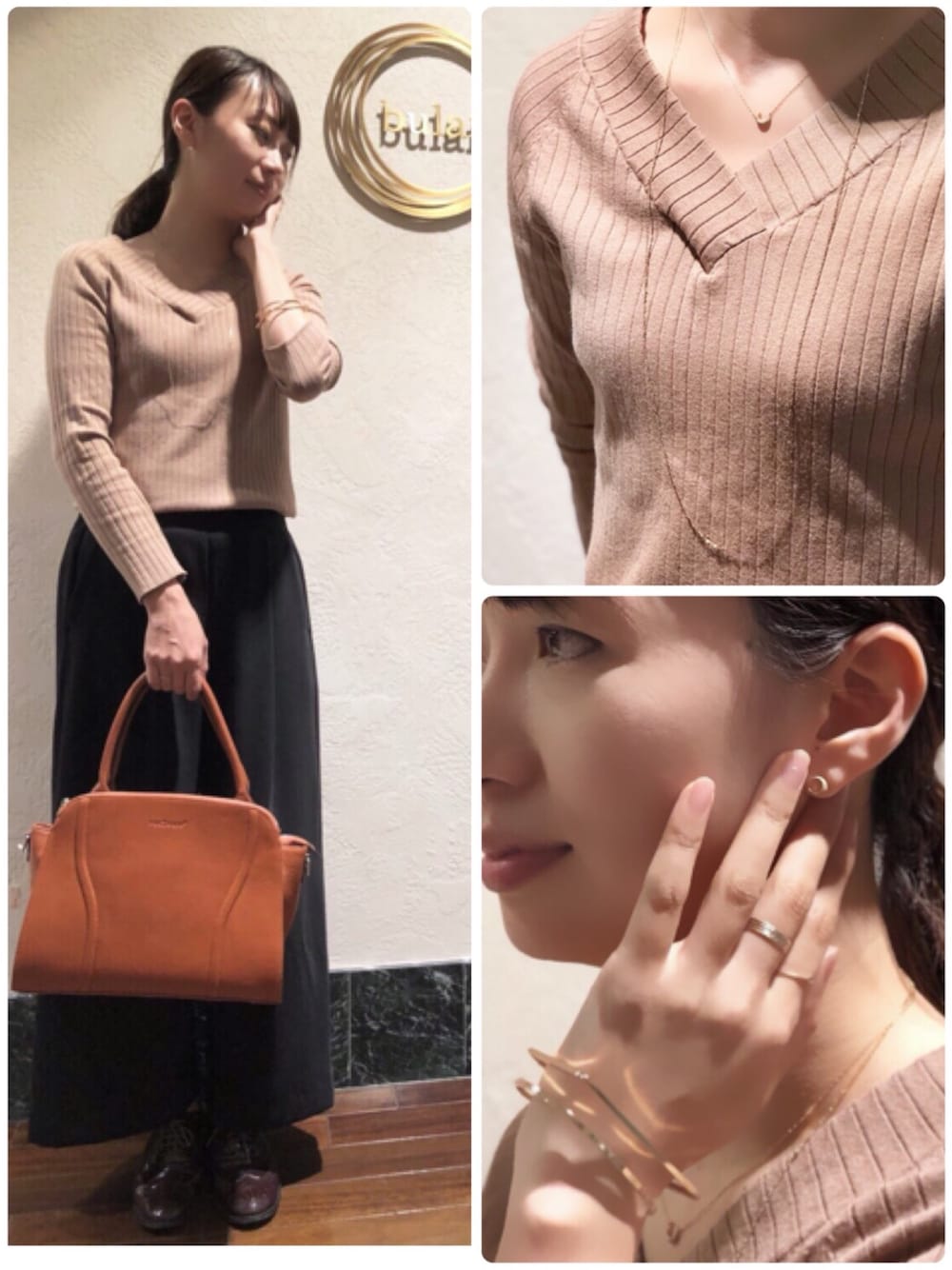 ブラウン系のハンドバッグ、ゴールド系のバングル/リストバンド、ゴールド系のネックレスを着用したレディースの秋コーディネートの1枚目の写真