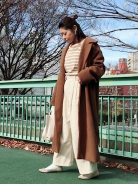 「NANO universe（ナノユニバース）の【FUDGE 9月号掲載】ボーダーワイドドロップトップス（Tシャツ/カットソー、ベージュ系）」を使った、perkyroom_maiko.808さん（レディース・157cm）の冬コーディネート